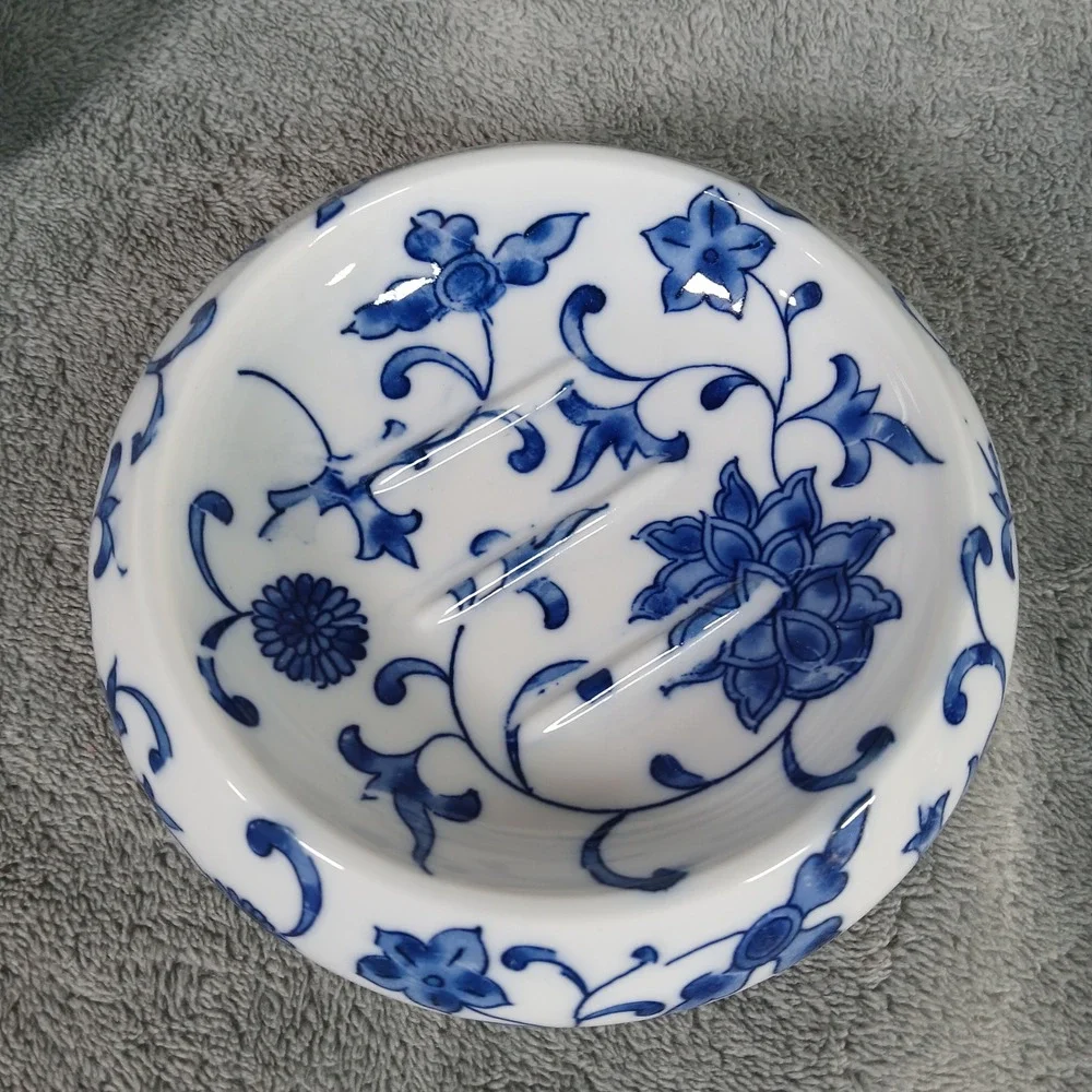 Vintage Bathroom Set  Soap Dish & Toothbrush Holder Blue Floral Porcelain Decor